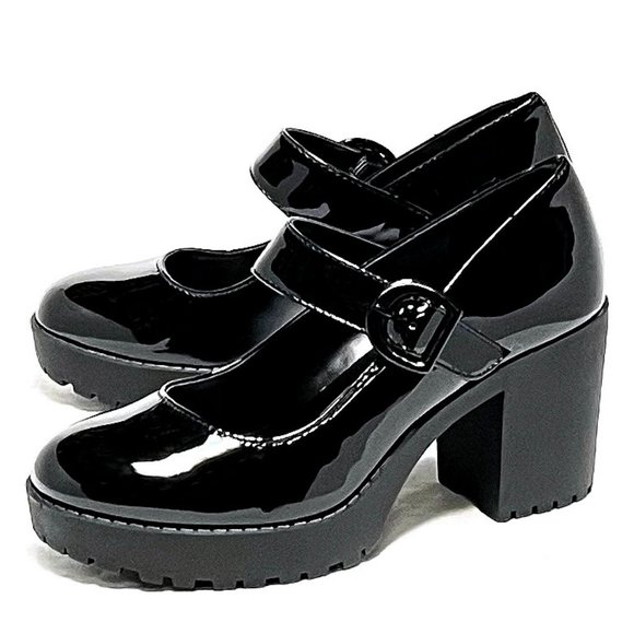 New Black Patent Mary Jane Platform Chunky Heel Pumps - Picture 1 of 5